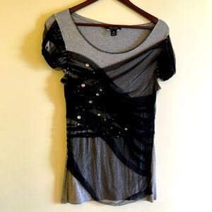 Unique White House black market tulle edgy embellished punk top black grey gray